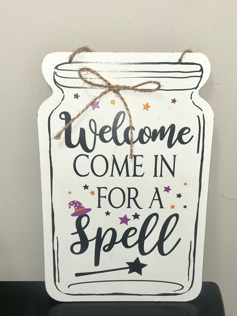 Welcome Come In For A Spell Hanging Sign - White and Purple